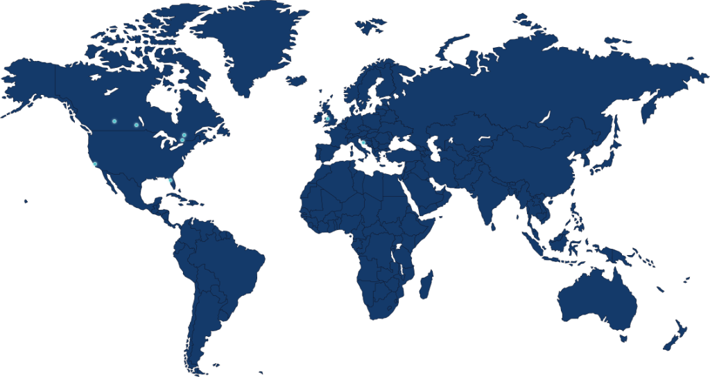 Map showing client locations across North America